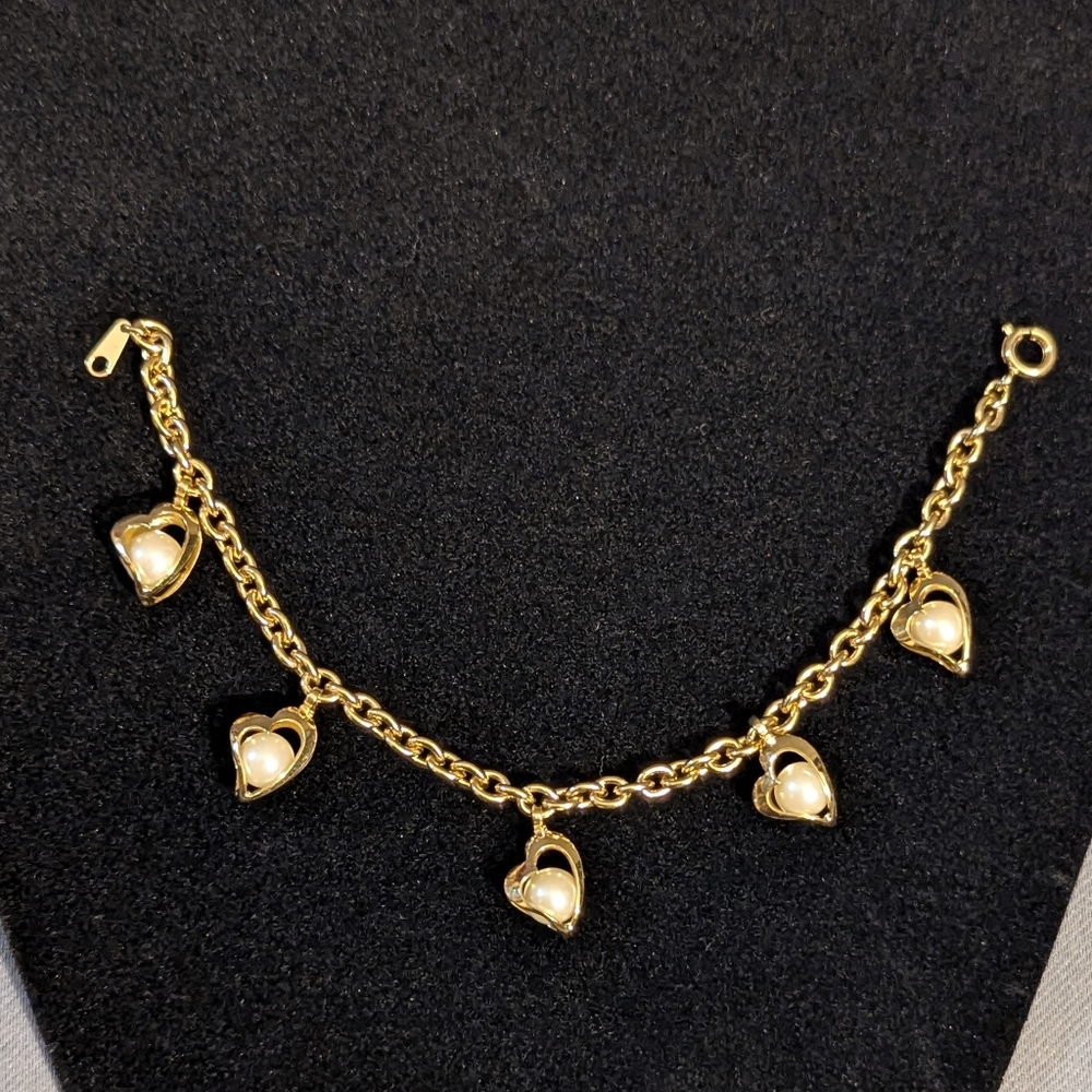 Gold Heart & Pearl Charm Bracelet